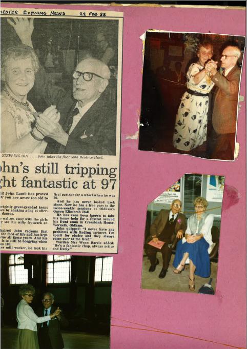 A photo of a scrapbook with a newspaper clipping and several other photos of a couple, one of which is Mr John Lamb. Three of the photos show the couple dancing together, and in one photo they are sat together in front of a display. The newspaper clipping has the headline “John’s still tripping the light fantastic at 97” and is dated February 1988. The clipping and photos are backed with pink card.